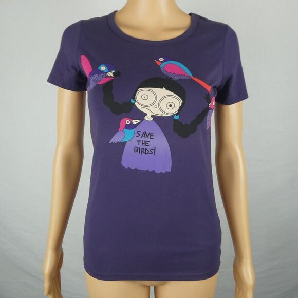 Marc by Marc Jacobs Save the Birds Purple Graphic T Shirt Scoop Neck Scoop Neck - Picture 2 of 5